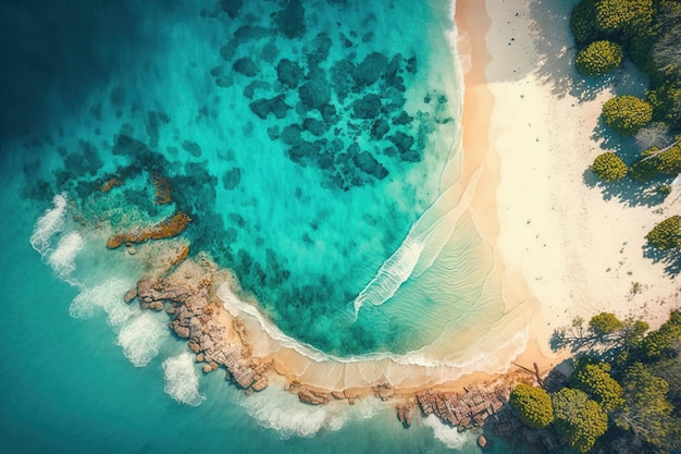 Una vista aérea de una playa con agua azul y una playa de arena blanca