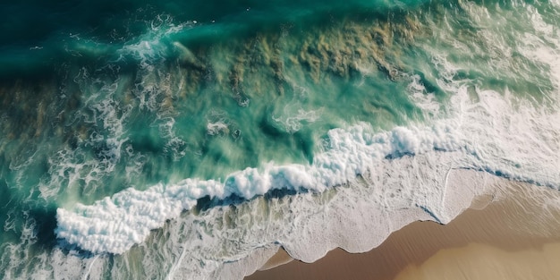 Una vista aérea de una playa con agua turquesa y una ola verde.