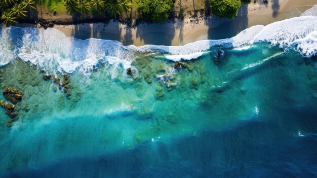 Una vista aérea de una playa con árboles y agua ai