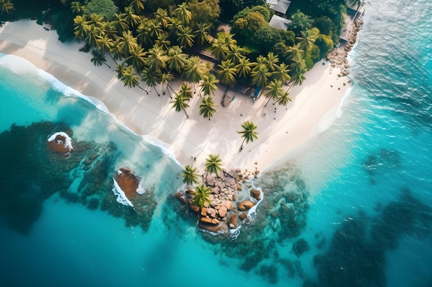 Una vista aérea de una playa con árboles y rocas