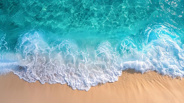 Vista aérea de una playa de arena blanca con aguas cristalinas de color turquesa, olas y costa.
