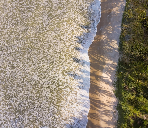 Vista aérea de la playa de arena con impresionantes olas