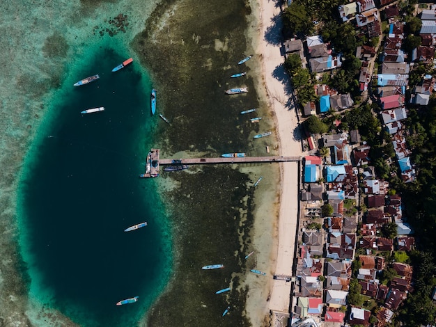 Vista aérea de una playa con barcos y casas.