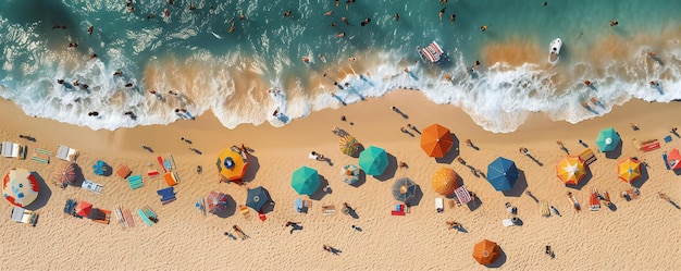 Una vista aérea de una playa con coloridas sombrillas y gente en la arena.