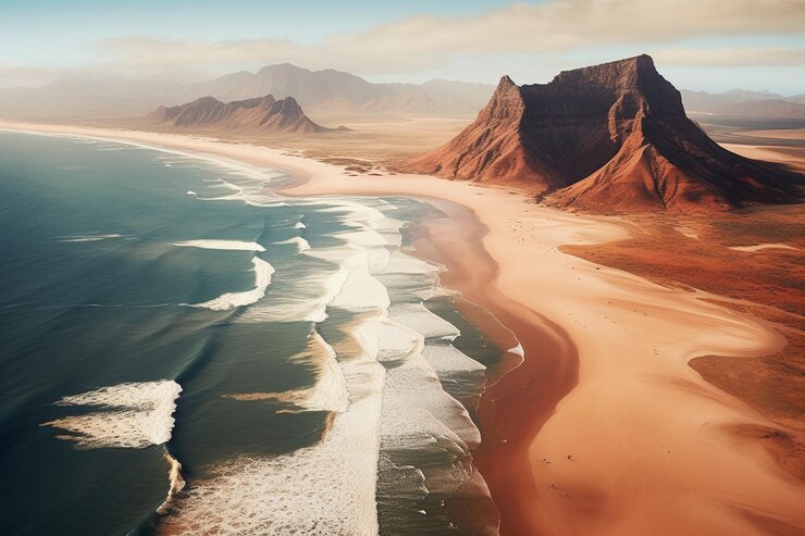 Vista aérea de una playa con dunas de arena y olas rodantes