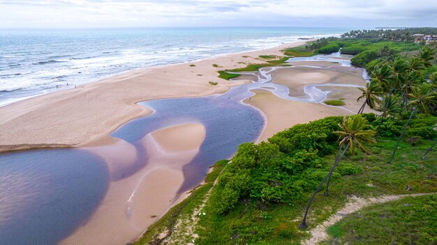 Vista aérea de la playa de Imbassai, Bahía, Brasil. Hermosa playa en el noreste con un río.