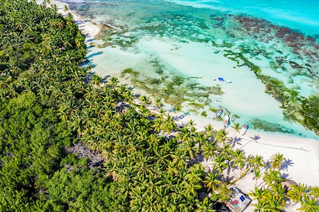 Vista aérea de la playa de la isla tropical caribeña con palmeras y barcos