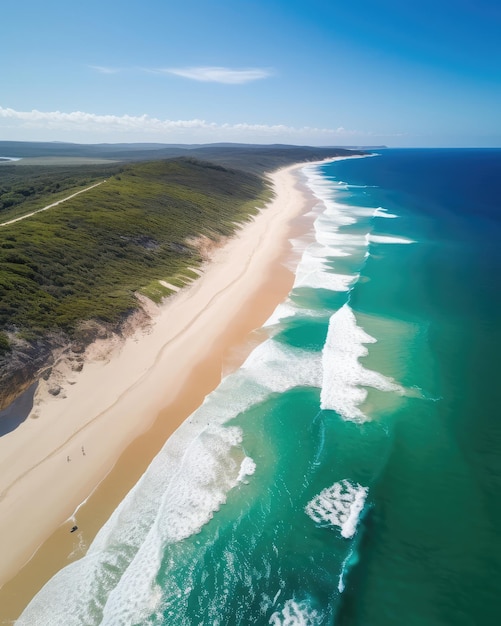 Una vista aérea de una playa con un océano azul y un ai generativo blanco