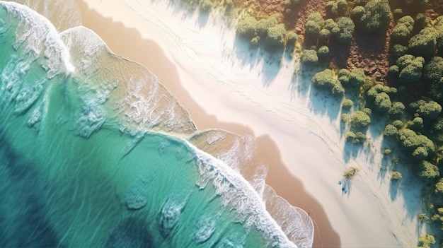 Una vista aérea de una playa con un océano azul y arena blanca.