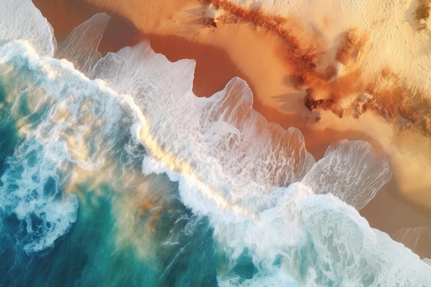Una vista aérea de una playa con una ola rompiendo en la arena.