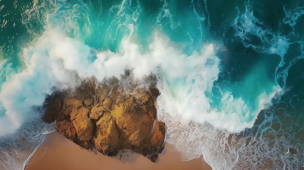 Una vista aérea de una playa con olas rompiendo en la orilla