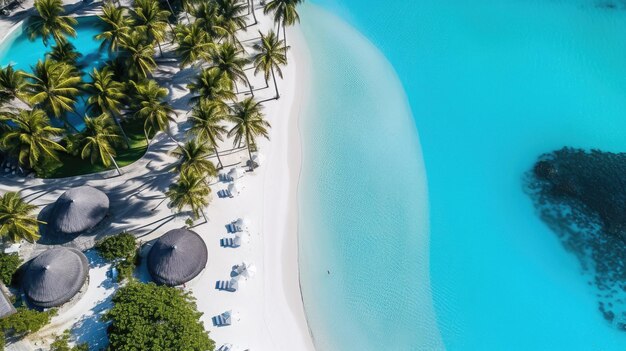 vista aérea de una playa con palmeras y agua azul.