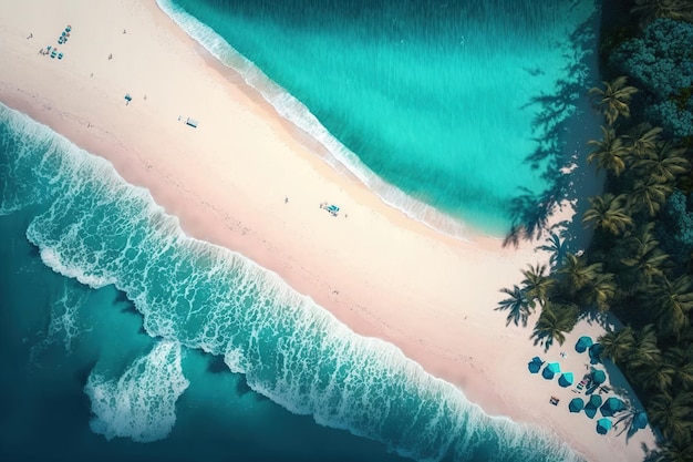 Una vista aérea de una playa con palmeras y un océano azul