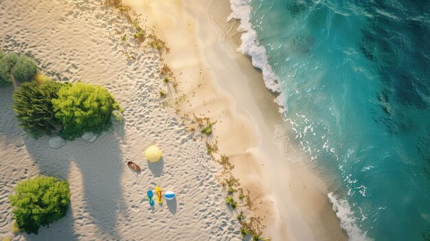 Foto vista aérea de la playa con palmeras de voleibol y chanclas aig