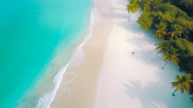 Vista aérea de una playa tropical con palmeras y un hombre en una playa de arena blanca.
