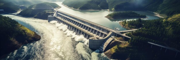 Vista aérea de la presa hidroeléctrica en un río y montañas