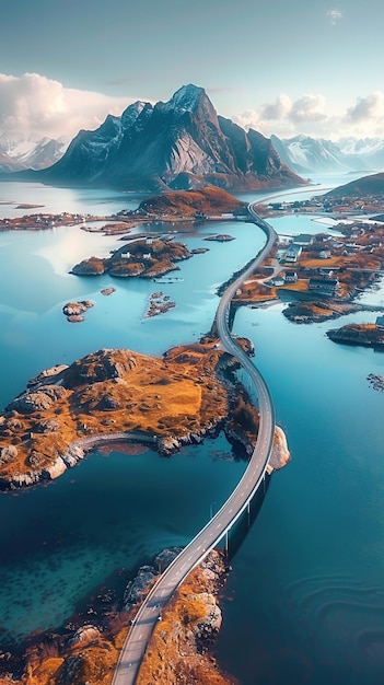 Vista aérea del puente de Lofoten con el río rodeado