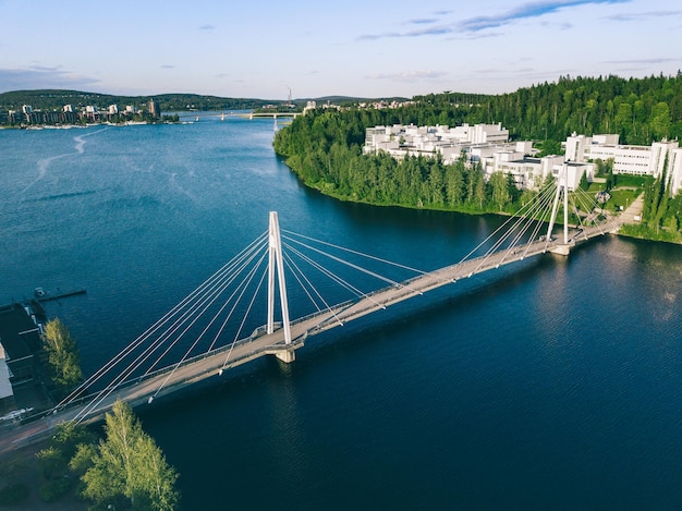 Vista aérea del puente Ylisto sobre el río del lago hasta el área del campus en Jyvaskyla Finlandia