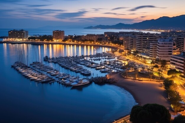 Foto vista aérea del puerto deportivo de fuengirola y el mar mediterráneo al amanecer en fuendirola, españa