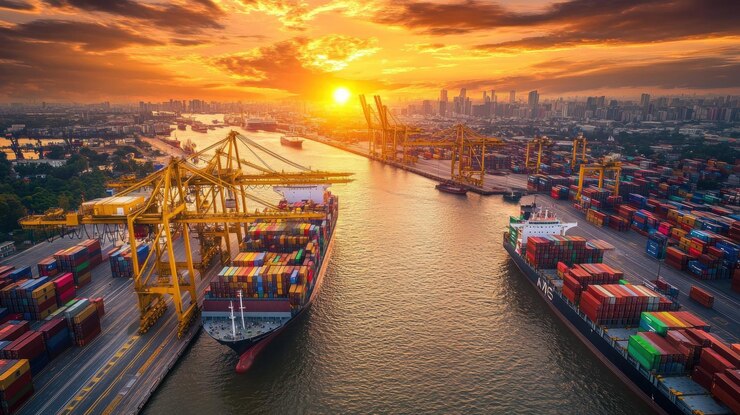 Vista aérea de un puerto ocupado al atardecer Se ven barcos de contenedores y grúas en acción con un paisaje urbano en el fondo