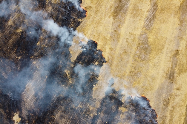 Vista aérea de la quema de rastrojo con humo en el campo agrícola