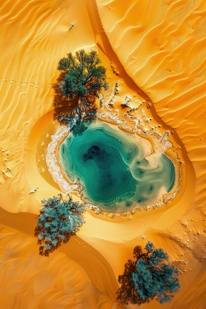 Vista aérea de un remoto oasis verde del desierto