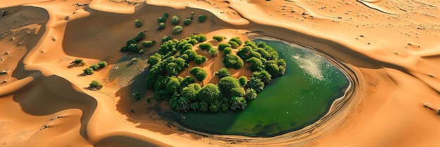 Vista aérea de un remoto oasis verde del desierto