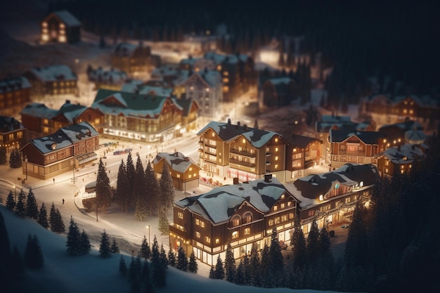Vista aérea de un resort de montaña cubierto de nieve en la noche con casas y calles que brillan intensamente