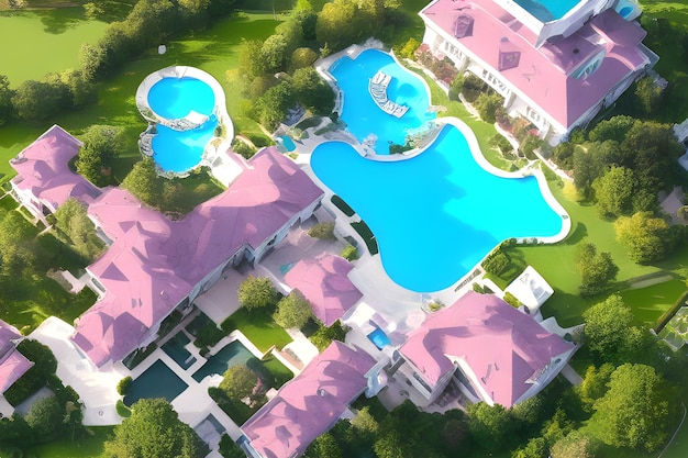 Vista aérea del resort con piscina y spa
