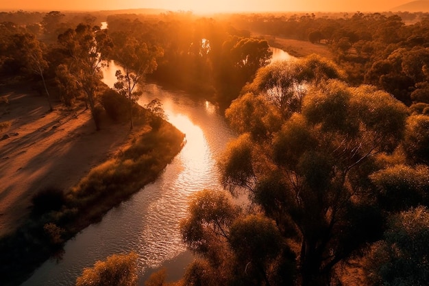 Vista aérea de un río con árboles y la puesta de sol.