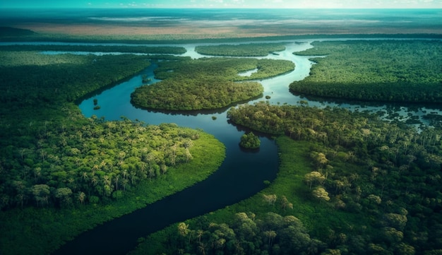 Una vista aérea de un río y un bosque.