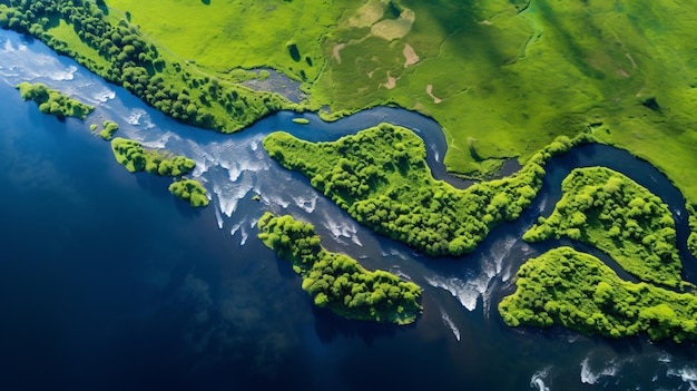 Vista aérea del río en campo verde