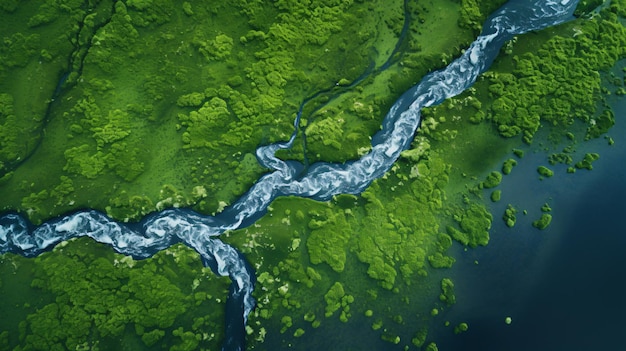 Vista aérea del río en campo verde