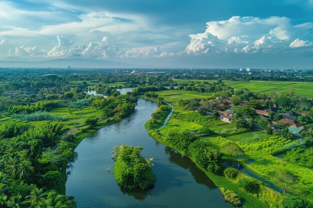 Foto vista aérea del río y el espacio abierto verde en tangerang indonesia