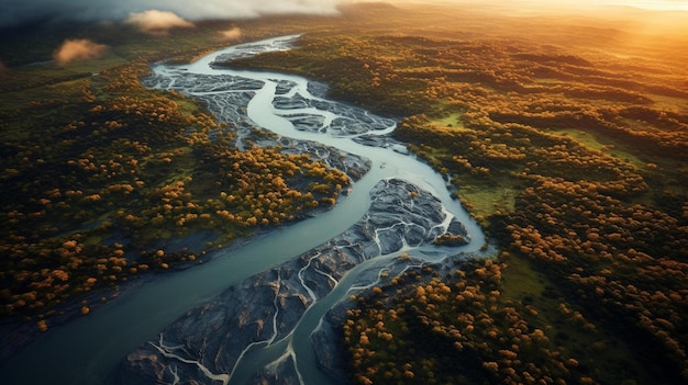 vista aérea de un río y montañas al atardecer.