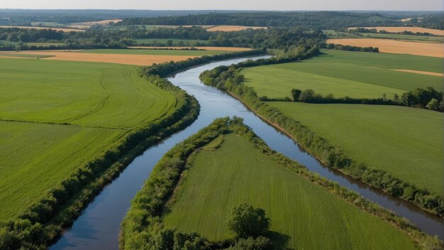 Foto vista aérea de un río serpenteante en los campos