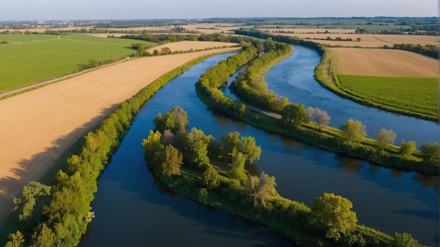 Vista aérea de un río serpenteante en los campos