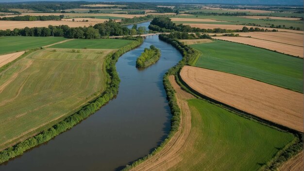 Vista aérea de un río serpenteante en los campos