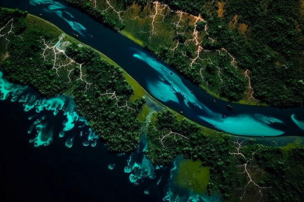 Una vista aérea de un río con una superficie de agua azul y la palabra río.