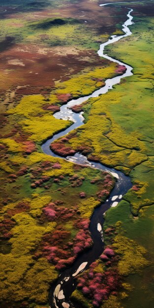 Vista aérea del río Tundra en Alaska Campos emotivos de color y formas orgánicas inspiradas en la naturaleza