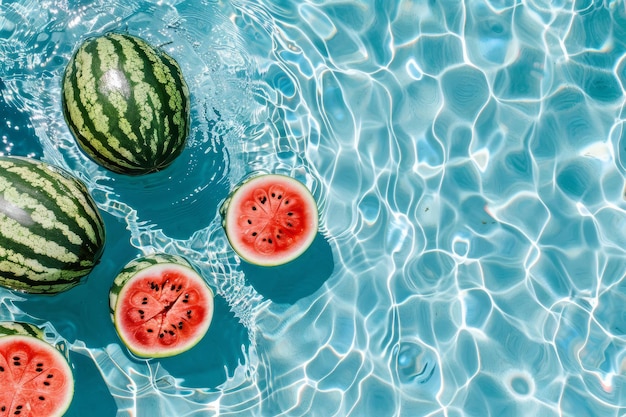 Vista aérea de sandías flotando en una piscina de verano