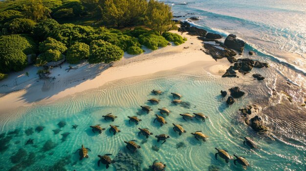 Foto vista aérea de un santuario de tortugas marinas con tortugas tomando el sol en las costas arenosas