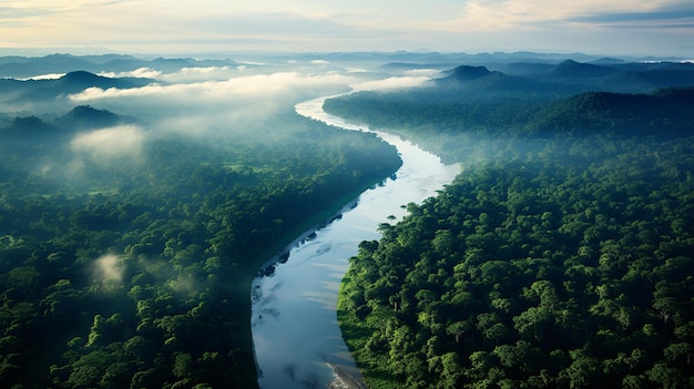 Vista aérea de la selva tropical y la lluvia amazónica