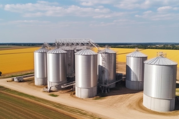 Vista aérea de silos ventilados industriales para almacenamiento a largo plazo de granos y semillas oleaginosas Elevador de metal