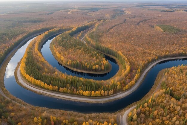 Vista aérea de la sinuosa carretera de grava y el colorido bosque en otoño en Vorumaa, Estonia