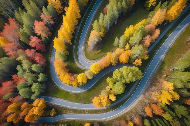 Vista aérea de la sinuosa carretera de grava y el colorido bosque en otoño en Vorumaa, Estonia