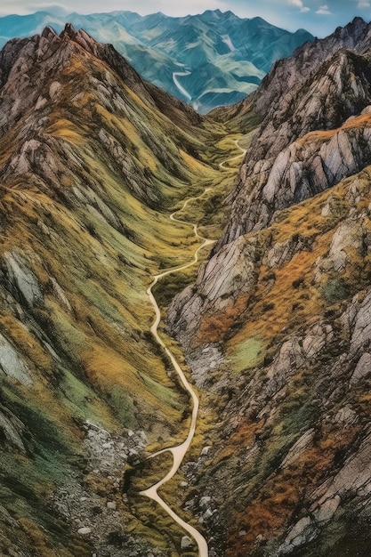 Vista aérea de un sinuoso sendero de montaña creado con IA generativa