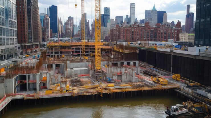 Vista aérea de un sitio de construcción urbana a gran escala con grúas, estructuras de hormigón y maquinaria pesada ubicada en una ciudad con edificios de gran altura en el fondo