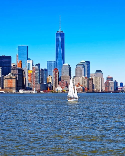 Vista aérea desde Skyline con rascacielos en el bajo Manhattan, Nueva York, Estados Unidos de América. Edificio de arquitectura americana. Metrópolis Nueva York. paisaje urbano. Hudson, East River Nueva York