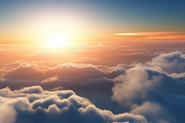 vista aérea sobre las nubes con puesta de sol generada por IA